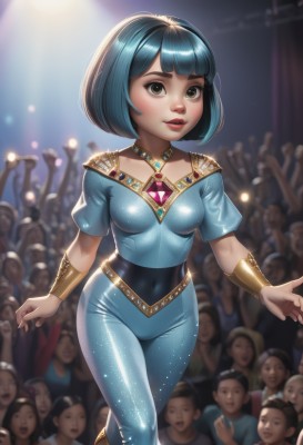 1girl,breasts,looking at viewer,smile,short hair,open mouth,bangs,multiple girls,black hair,brown eyes,jewelry,blue hair,standing,short sleeves,small breasts,parted lips,teeth,solo focus,shiny,blunt bangs,necklace,blurry,bracelet,lips,bodysuit,covered navel,blurry background,bob cut,gem,skin tight,6+boys,shiny clothes,red lips,bracer,crowd,medium breasts,boots,pants,artist name,sparkle,watermark,child,web address,realistic,female child