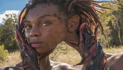 1girl,solo,looking at viewer,smile,short hair,brown hair,black hair,brown eyes,closed mouth,collarbone,outdoors,sky,day,dark skin,blurry,dark-skinned female,tree,blue sky,lips,blurry background,portrait,realistic,nose,yellow eyes,sweat,close-up,hand on own face,freckles,very dark skin,dreadlocks