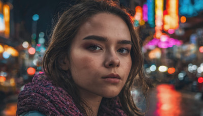 1girl, solo, long hair, looking at viewer, brown hair, brown eyes, jewelry, scarf, mole, blurry, lips, depth of field, blurry background, thick eyebrows, portrait, forehead, freckles, realistic, nose