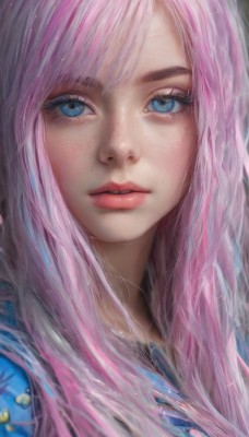 1girl,solo,long hair,looking at viewer,bangs,blue eyes,pink hair,multicolored hair,parted lips,tears,lips,eyelashes,makeup,portrait,close-up,freckles,pink lips,realistic,nose,red lips