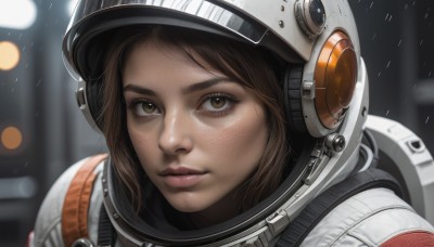 1girl,solo,looking at viewer,brown hair,brown eyes,closed mouth,blurry,lips,eyelashes,depth of field,blurry background,helmet,portrait,freckles,reflection,rain,realistic,nose,spacesuit,astronaut,short hair,bangs,close-up,science fiction,space helmet