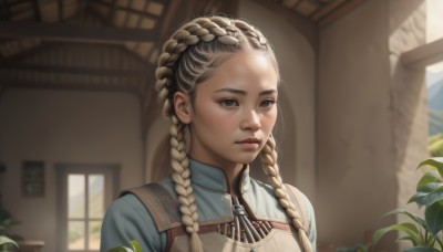 1girl,solo,long hair,looking at viewer,blonde hair,brown hair,shirt,brown eyes,closed mouth,upper body,braid,day,indoors,mole,blurry,twin braids,lips,grey eyes,window,blurry background,looking away,sunlight,blue shirt,plant,portrait,hair over shoulder,freckles,realistic,nose,potted plant,multiple braids,depth of field,expressionless,forehead