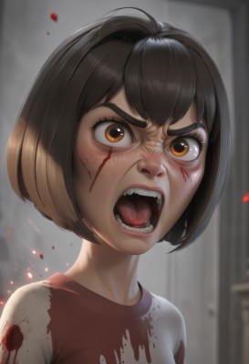 1girl,solo,looking at viewer,short hair,open mouth,bangs,brown hair,shirt,brown eyes,upper body,teeth,tongue,shiny,artist name,indoors,blurry,lips,v-shaped eyebrows,blood,blurry background,fangs,bob cut,thick eyebrows,t-shirt,red shirt,portrait,angry,freckles,blood on face,realistic,nose,blood on clothes,raglan sleeves,shouting,blood splatter,breasts,black hair,white shirt,eyelashes,close-up,injury