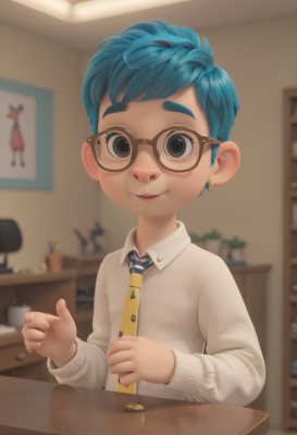 1girl,solo,looking at viewer,smile,short hair,shirt,long sleeves,1boy,brown eyes,jewelry,blue hair,white shirt,upper body,male focus,earrings,necktie,glasses,striped,indoors,blurry,black eyes,blurry background,chair,piercing,child,desk,personification,freckles,male child,striped necktie,yellow necktie,blue eyes,thick eyebrows