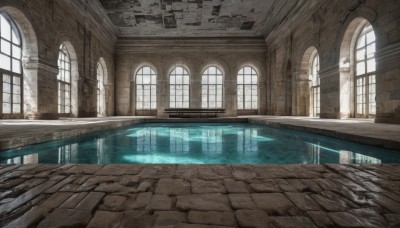 day,indoors,water,no humans,window,sunlight,building,scenery,reflection,light rays,stairs,architecture,ruins,pillar,hallway,church,arch,column,reflective water,wooden floor,fantasy,door,wall