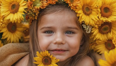 1girl,solo,long hair,looking at viewer,smile,brown hair,hair ornament,flower,hair flower,blurry,lips,grey eyes,portrait,close-up,realistic,yellow flower,sunflower,head wreath,blue eyes,brown eyes,parted lips,teeth,eyelashes