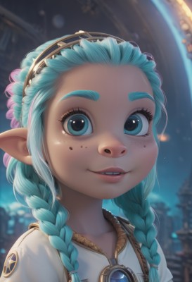 1girl,solo,long hair,looking at viewer,smile,blue eyes,jewelry,blue hair,upper body,braid,hairband,parted lips,teeth,pointy ears,artist name,necklace,grin,blurry,twin braids,lips,eyelashes,aqua hair,blurry background,thick eyebrows,child,portrait,hair over shoulder,forehead,freckles,female child,shirt,white shirt,outdoors,green hair,night