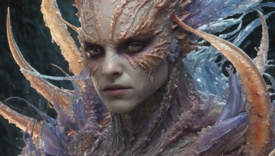 1girl,solo,looking at viewer,closed mouth,green eyes,male focus,artist name,water,lips,grey eyes,colored skin,portrait,tentacles,realistic,1boy,horns,blurry,no humans,close-up,spikes,nose,scales