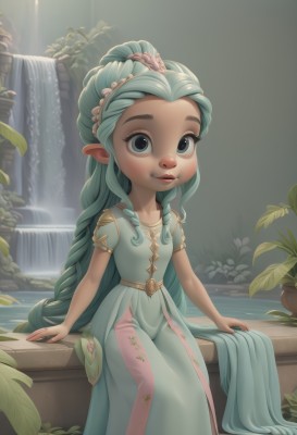 1girl,solo,long hair,looking at viewer,smile,blue eyes,hair ornament,dress,sitting,very long hair,braid,short sleeves,hairband,green hair,pointy ears,water,flat chest,lips,aqua hair,blue dress,plant,child,forehead,female child,waterfall,artist name,leaf,watermark,aged down,long dress,aqua dress