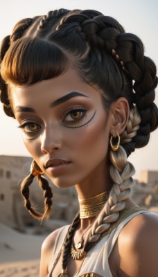 1girl,solo,long hair,breasts,looking at viewer,brown hair,black hair,bare shoulders,brown eyes,jewelry,upper body,braid,multicolored hair,earrings,parted lips,choker,artist name,dark skin,necklace,blurry,twin braids,two-tone hair,dark-skinned female,lips,streaked hair,eyelashes,makeup,blurry background,thick eyebrows,portrait,eyeshadow,freckles,hoop earrings,realistic,nose,animification,neck ring,very dark skin,dreadlocks,multiple braids,gold choker,outdoors,day,facial mark,piercing,sunlight,ear piercing,forehead,hair rings,gold,mascara,desert