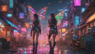 long hair, multiple girls, gloves, 2girls, standing, weapon, purple hair, boots, outdoors, wings, shorts, from behind, gun, short shorts, night, ground vehicle, scenery, motor vehicle, handgun, science fiction, rain, city, sign, road, cityscape, motorcycle, street, cyberpunk, neon lights