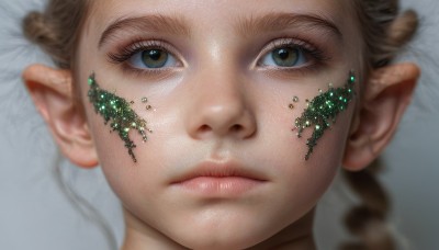 1girl,solo,looking at viewer,blue eyes,blonde hair,brown hair,brown eyes,closed mouth,braid,pointy ears,blurry,lips,eyelashes,depth of field,elf,portrait,close-up,realistic,nose,eye focus,green eyes,lying,expressionless,science fiction