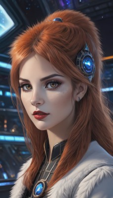 1girl,solo,long hair,looking at viewer,brown hair,hair ornament,brown eyes,jewelry,earrings,orange hair,blurry,lips,coat,fur trim,makeup,blurry background,lipstick,brooch,gem,portrait,freckles,realistic,red lips,ponytail,parted lips,artist name,eyelashes,nose