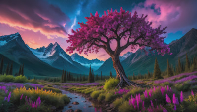 flower, outdoors, sky, cloud, tree, no humans, night, cloudy sky, grass, star (sky), nature, night sky, scenery, starry sky, rock, mountain, landscape, mountainous horizon, purple sky