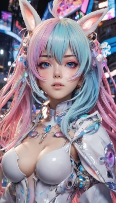 1girl,solo,long hair,breasts,looking at viewer,bangs,blue eyes,hair ornament,animal ears,cleavage,twintails,jewelry,medium breasts,blue hair,upper body,pink hair,ahoge,multicolored hair,earrings,parted lips,necklace,rabbit ears,blurry,two-tone hair,leotard,lips,eyelashes,bell,aqua hair,bodysuit,gradient hair,makeup,blurry background,eyeshadow,nose,mascara,large breasts,hair between eyes,artist name,armor,fox ears,gem,science fiction,realistic,android,cyborg,cyberpunk