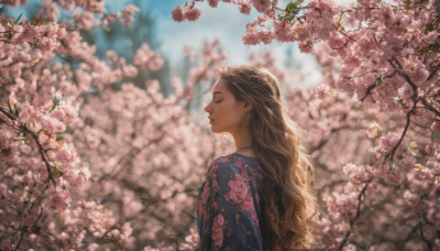 1girl, solo, long hair, blonde hair, brown hair, jewelry, closed eyes, upper body, flower, earrings, outdoors, japanese clothes, sky, day, blurry, from side, tree, lips, profile, depth of field, blurry background, wavy hair, floral print, cherry blossoms, pink flower, realistic