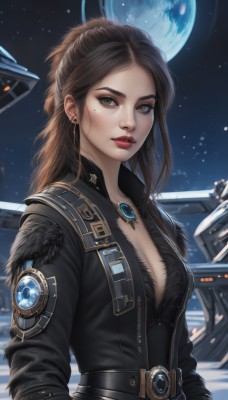 1girl,solo,long hair,breasts,looking at viewer,brown hair,long sleeves,cleavage,brown eyes,jewelry,medium breasts,jacket,upper body,earrings,parted lips,open clothes,sky,belt,necklace,mole,lips,fur trim,mole under eye,makeup,night,moon,lipstick,gem,star (sky),buckle,full moon,pendant,starry sky,freckles,science fiction,realistic,nose,red lips,space,planet,mascara,artist name,black jacket,forehead,eyeshadow