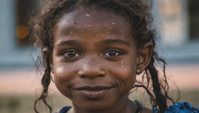 1girl,solo,looking at viewer,smile,brown hair,black hair,brown eyes,jewelry,earrings,teeth,dark skin,grin,blurry,dark-skinned female,lips,wet,depth of field,blurry background,messy hair,portrait,curly hair,realistic,very dark skin,long hair,braid,twin braids,close-up,freckles