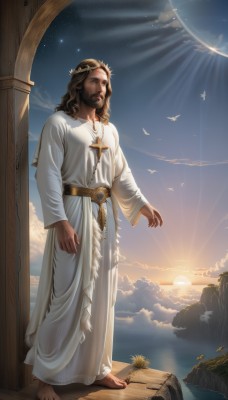 solo,long hair,brown hair,long sleeves,1boy,brown eyes,jewelry,standing,full body,male focus,outdoors,sky,barefoot,belt,cloud,water,necklace,facial hair,bird,sunlight,cross,star (sky),beard,starry sky,sunset,robe,rock,realistic,fantasy,sun,cross necklace,pillar,tunic,white robe,sunrise,cliff,blonde hair,star (symbol),wavy hair,crown,curly hair,head wreath,laurel crown