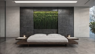 indoors,tree,pillow,no humans,window,bed,table,plant,nature,scenery,forest,lamp,bedroom,sky,night,rain,wooden floor,door,tiles,wall,tile floor,ceiling light