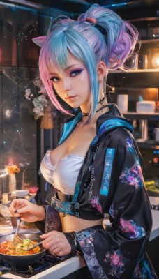 1girl,solo,breasts,looking at viewer,bangs,blue eyes,hair ornament,long sleeves,holding,cleavage,jewelry,medium breasts,blue hair,collarbone,jacket,upper body,ponytail,pink hair,flower,sidelocks,multicolored hair,earrings,parted lips,food,open clothes,choker,midriff,artist name,indoors,nail polish,blurry,two-tone hair,open jacket,lips,black jacket,crop top,fingernails,strapless,gradient hair,makeup,piercing,ring,ear piercing,black nails,plate,eyeshadow,cropped jacket,nose,eyeliner,cooking,mascara,stove,short hair,closed mouth,black choker,bowl,spoon,tube top,bustier,kitchen