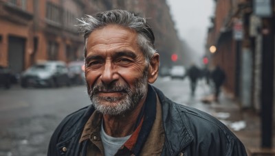 solo,shirt,1boy,closed mouth,jacket,upper body,white hair,grey hair,male focus,outdoors,blurry,depth of field,blurry background,facial hair,thick eyebrows,ground vehicle,portrait,motor vehicle,beard,brown jacket,realistic,mustache,car,manly,leather,old,old man,leather jacket,photo background,wrinkled skin,looking at viewer,short hair,white shirt,teeth,day,collared shirt,black eyes,open jacket,lips,black jacket,scar,parody,blue jacket,building,meme,road,denim jacket