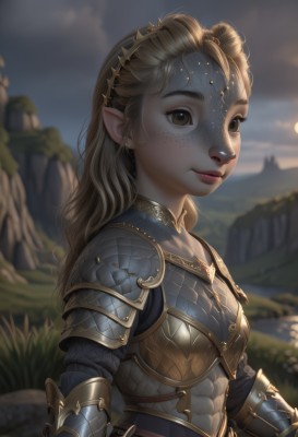 1girl,solo,long hair,looking at viewer,blonde hair,brown hair,brown eyes,jewelry,closed mouth,upper body,earrings,outdoors,sky,pointy ears,artist name,cloud,armor,blurry,lips,depth of field,blurry background,abs,elf,shoulder armor,gauntlets,freckles,circlet,breastplate,nose,fantasy,chainmail,plate armor,day,realistic