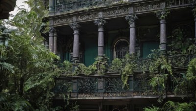 outdoors,tree,no humans,window,leaf,plant,building,scenery,stairs,architecture,ruins,vines,pillar,statue,arch,moss,overgrown,column,nature,fantasy