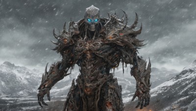 solo,looking at viewer,blue eyes,1boy,standing,male focus,cowboy shot,outdoors,sky,armor,glowing,shoulder armor,gauntlets,glowing eyes,snow,spikes,pauldrons,snowing,mountain,full armor,mountainous horizon,grey sky,cloud,no humans,cloudy sky,scenery,skull,glowing eye,skeleton,undead