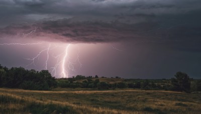 outdoors,sky,cloud,tree,no humans,cloudy sky,grass,nature,scenery,forest,mountain,electricity,lightning,landscape,horizon,field