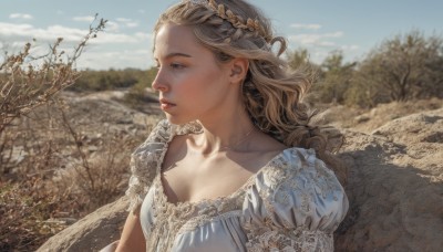 1girl,solo,long hair,breasts,blue eyes,blonde hair,dress,jewelry,collarbone,upper body,braid,short sleeves,outdoors,parted lips,sky,day,puffy sleeves,cloud,necklace,white dress,blurry,tree,blue sky,puffy short sleeves,lips,looking to the side,tattoo,blurry background,looking away,nature,realistic,nose,looking afar,cleavage,medium breasts,small breasts,from side,profile,tiara