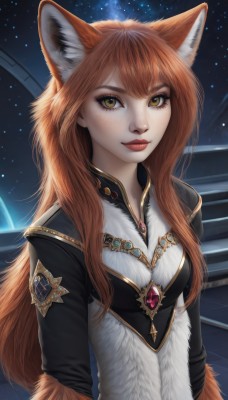 1girl,solo,long hair,breasts,looking at viewer,smile,bangs,brown hair,long sleeves,animal ears,brown eyes,jewelry,closed mouth,tail,yellow eyes,upper body,sky,artist name,orange hair,lips,animal ear fluff,fur trim,fox ears,makeup,night,fox tail,brooch,fox girl,gem,star (sky),starry sky,freckles,red lips,fur,red hair,eyelashes,realistic