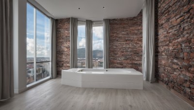 sky,day,cloud,indoors,blue sky,no humans,window,cloudy sky,curtains,building,scenery,wooden floor,city,cityscape,wall,brick wall,bed,door