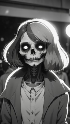 1girl,solo,looking at viewer,short hair,shirt,jacket,monochrome,upper body,greyscale,open clothes,teeth,collared shirt,medium hair,blurry,open jacket,dress shirt,mask,buttons,blurry background,skull,skeleton,zombie,horror (theme),coat,glowing,glowing eyes,stitches,stitched mouth