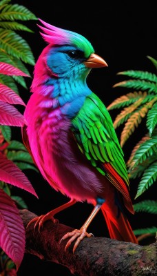 solo,simple background,closed mouth,standing,artist name,signature,blurry,black eyes,from side,tree,pokemon (creature),no humans,bird,animal,leaf,feathers,plant,black background,realistic,animal focus,talons,beak,parrot,looking at viewer,full body,dated,watermark,blue feathers