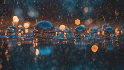 outdoors, sky, cloud, water, blurry, no humans, night, depth of field, star (sky), night sky, scenery, starry sky, reflection, rain, lantern, paper lantern, city lights