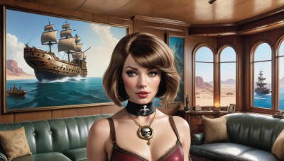 1girl,solo,breasts,looking at viewer,short hair,bangs,brown hair,cleavage,bare shoulders,brown eyes,jewelry,medium breasts,underwear,collarbone,upper body,parted lips,sky,choker,day,cloud,indoors,water,necklace,bra,mole,lips,looking to the side,pillow,window,makeup,swept bangs,ocean,bob cut,lingerie,lipstick,couch,camisole,pendant,military vehicle,red lips,watercraft,ship,boat,warship,blush,collar,looking away,lace,red bra