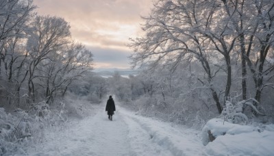 solo,1boy,standing,male focus,outdoors,sky,day,cloud,from behind,tree,coat,cloudy sky,nature,scenery,snow,forest,winter clothes,wide shot,winter,bare tree,footprints,1girl,grass,1other,mountain,landscape,ambiguous gender