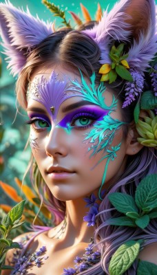 1girl,solo,long hair,looking at viewer,smile,brown hair,black hair,hair ornament,animal ears,jewelry,closed mouth,green eyes,collarbone,purple hair,flower,multicolored hair,artist name,cat ears,hair flower,blurry,lips,animal ear fluff,fox ears,eyelashes,gradient hair,makeup,depth of field,blurry background,leaf,watermark,facial mark,plant,lipstick,portrait,close-up,eyeshadow,freckles,pink lips,nose,purple flower,eyeliner,mascara,purple eyeshadow,parted lips,web address,realistic