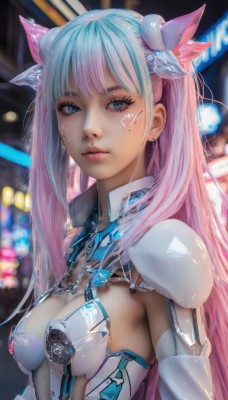 1girl,solo,long hair,breasts,looking at viewer,bangs,blue eyes,hair ornament,twintails,jewelry,medium breasts,closed mouth,blue hair,upper body,pink hair,multicolored hair,earrings,shiny,blurry,two-tone hair,lips,eyelashes,bodysuit,makeup,blurry background,headgear,facial mark,eyeshadow,science fiction,realistic,nose,mascara,cleavage,small breasts,elbow gloves,artist name,armor,gradient hair,depth of field,expressionless,pink lips,android,stud earrings,eyeliner,cyborg,cyberpunk