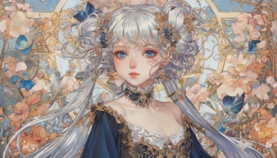 1girl,solo,long hair,breasts,looking at viewer,bangs,blue eyes,hair ornament,dress,cleavage,bare shoulders,twintails,jewelry,very long hair,collarbone,upper body,flower,white hair,grey hair,earrings,small breasts,frills,parted lips,choker,off shoulder,hair bun,lips,eyelashes,double bun,blue dress,facial mark,bug,white flower,gem,butterfly,pink flower,blue flower,off-shoulder dress,frilled choker,blue butterfly,hair flower,floating hair,hair tubes,freckles