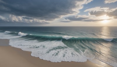 outdoors,sky,day,cloud,water,blue sky,no humans,ocean,beach,sunlight,cloudy sky,scenery,sunset,mountain,sand,sun,horizon,waves,landscape,shore,sunrise,monochrome