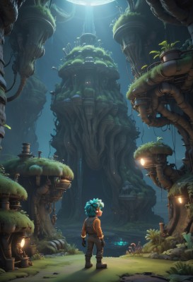 solo,gloves,1boy,blue hair,standing,male focus,boots,outdoors,green hair,pants,water,from behind,tree,aqua hair,glowing,grass,plant,robot,goggles,nature,scenery,science fiction,goggles on head,light rays,lantern,rock,fantasy,light,ruins,wide shot,waterfall,overgrown,1girl,bow,ponytail,looking back,dark skin,night,brown gloves