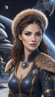 1girl,solo,long hair,breasts,looking at viewer,brown hair,cleavage,brown eyes,jewelry,medium breasts,closed mouth,upper body,earrings,sky,signature,lips,fur trim,eyelashes,makeup,brooch,gem,star (sky),zipper,starry sky,freckles,science fiction,fur collar,realistic,nose,space,planet,fur hat,earth (planet),spacecraft,hood,necklace,bodysuit,moon,lipstick,eyeshadow