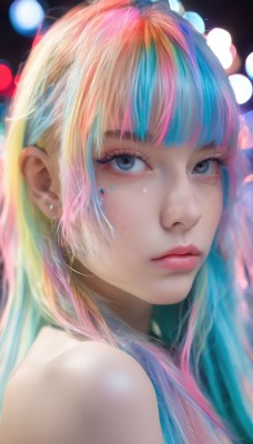 1girl,solo,long hair,looking at viewer,bangs,blue eyes,blonde hair,bare shoulders,jewelry,closed mouth,blue hair,upper body,pink hair,multicolored hair,earrings,blunt bangs,blurry,black eyes,from side,two-tone hair,lips,grey eyes,eyelashes,aqua hair,makeup,depth of field,blurry background,portrait,eyeshadow,freckles,realistic,nose,bokeh,rainbow hair,streaked hair,watermark,facial mark,mascara