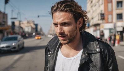 solo,short hair,brown hair,shirt,1boy,brown eyes,jacket,white shirt,upper body,male focus,outdoors,parted lips,open clothes,day,blurry,open jacket,lips,black jacket,depth of field,blurry background,facial hair,ground vehicle,building,motor vehicle,beard,city,realistic,stubble,car,road,leather,street,leather jacket,photo background,closed mouth,scar,scar on face,mustache