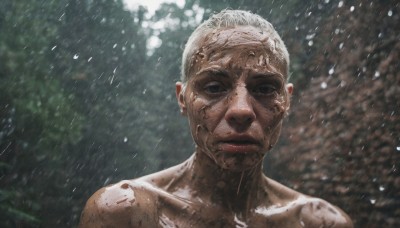 1girl,solo,looking at viewer,closed mouth,collarbone,white hair,outdoors,blurry,tree,lips,wet,blurry background,portrait,rain,realistic,old,dirty,short hair,1boy,upper body,male focus,nude,black eyes,blood,wrinkled skin