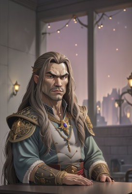 solo,long hair,looking at viewer,brown hair,hair ornament,long sleeves,1boy,brown eyes,jewelry,very long hair,closed mouth,upper body,male focus,artist name,indoors,necklace,armor,blurry,black eyes,window,night,blurry background,facial hair,table,thick eyebrows,shoulder armor,gem,beard,lamp,bracer,sitting,grey hair,frown,cross,serious,manly