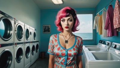 1girl,solo,breasts,looking at viewer,short hair,bangs,shirt,black hair,hair ornament,dress,cleavage,brown eyes,jewelry,medium breasts,collarbone,upper body,pink hair,short sleeves,multicolored hair,sky,day,hairclip,cloud,indoors,medium hair,necklace,two-tone hair,lips,eyelashes,window,makeup,floral print,lipstick,eyeshadow,nose,arms at sides,tiles,red lips,eyeliner,print shirt,split-color hair,kitchen,food print,mascara,strawberry print,washing machine,skirt,heart,signature,water,mole,ocean,realistic,photo (object),clothes hanger,clothes