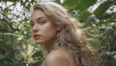 1girl,solo,long hair,looking at viewer,blue eyes,blonde hair,bare shoulders,upper body,flower,outdoors,parted lips,looking back,blurry,lips,grey eyes,depth of field,leaf,portrait,freckles,realistic,nose,day,from side,blurry background,plant,nature